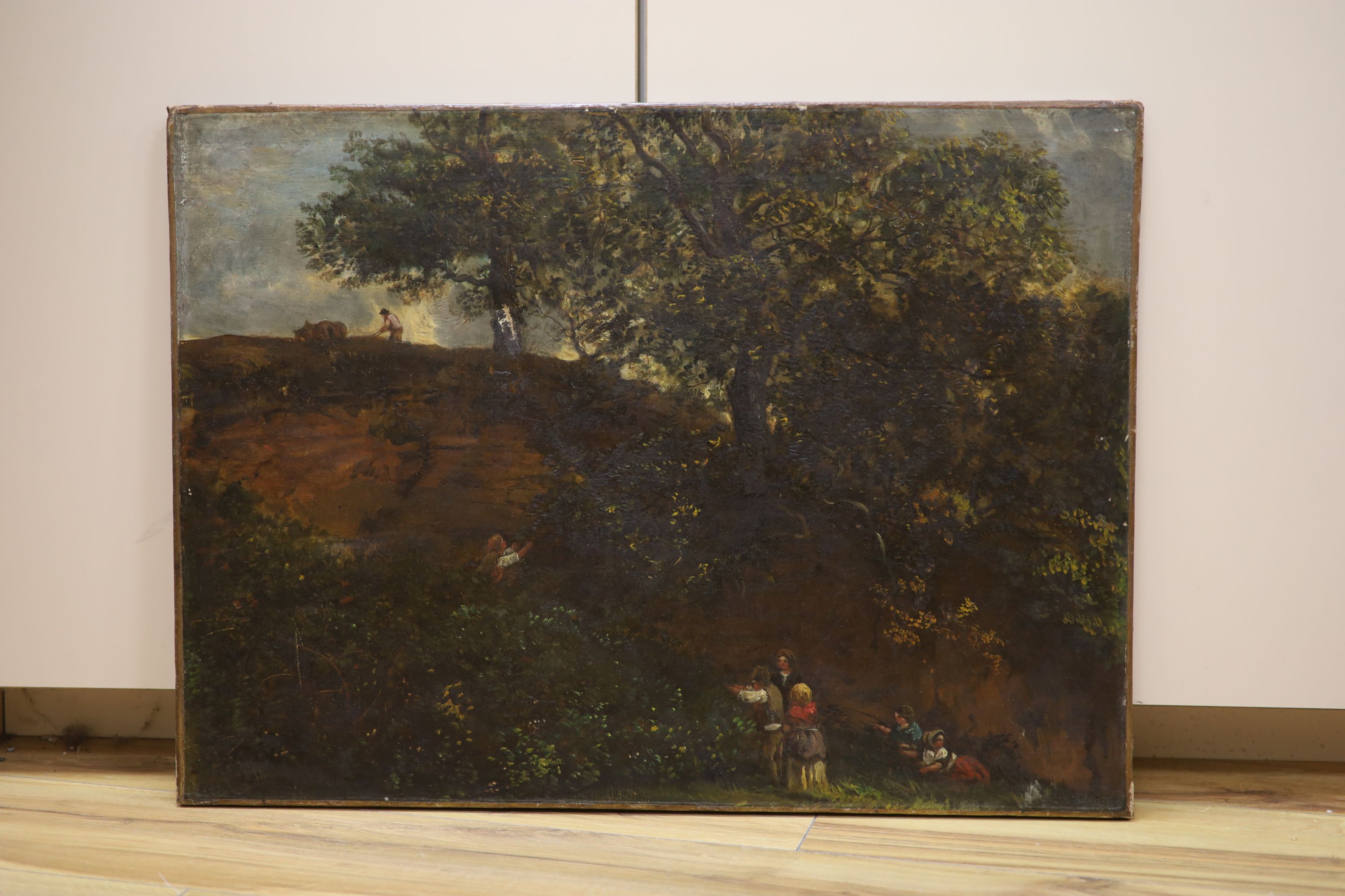 Victorian School, oil on canvas, Figures picking fruit in a landscape, indistinct label verso, 48 x 65cm, unframed